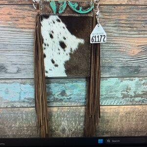 Brown and White Fringe Crossbody bag with long strap